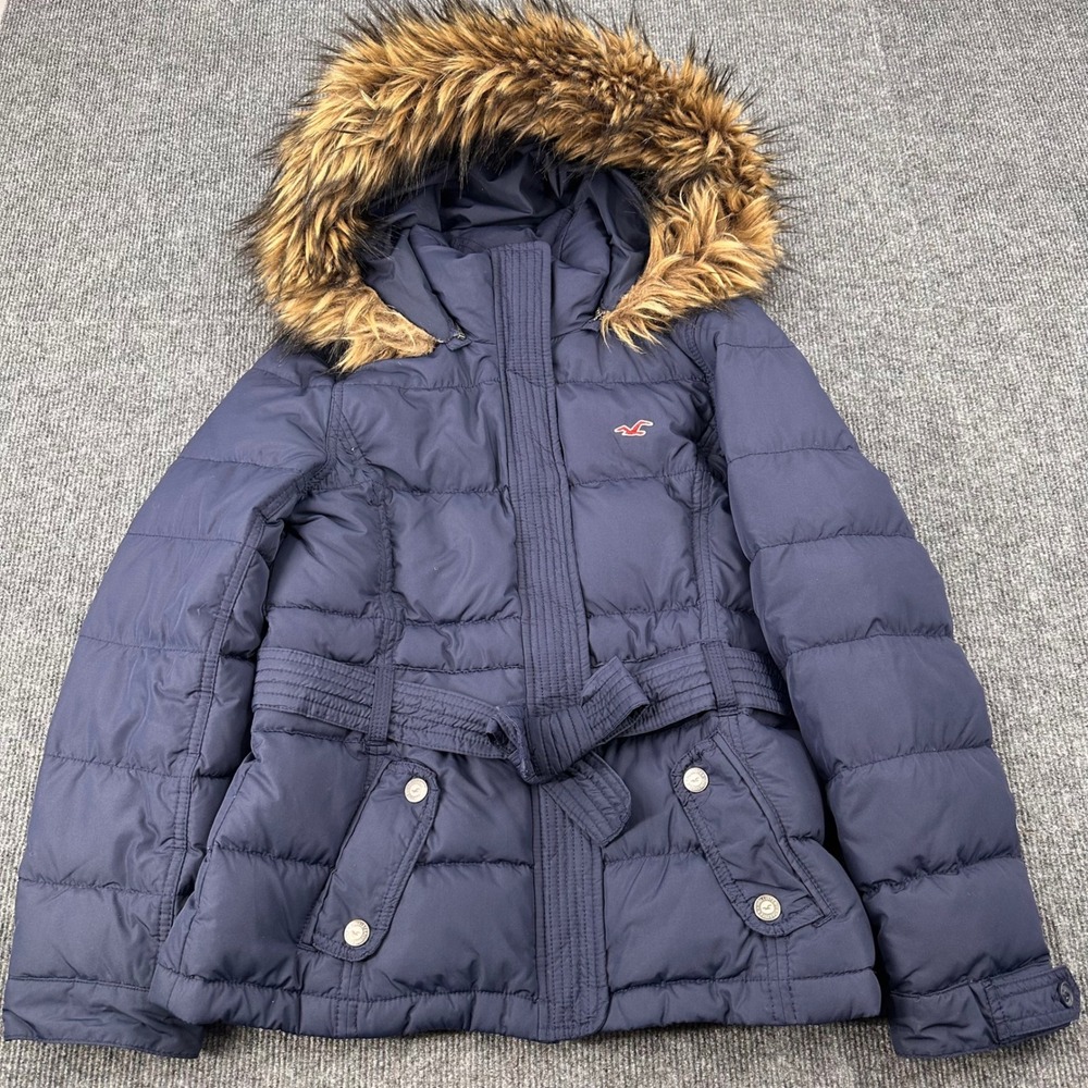 Vtg Y2K Hollister Puffer Down Jacket Coat L Faux Fur Belted Navy Blue Winter